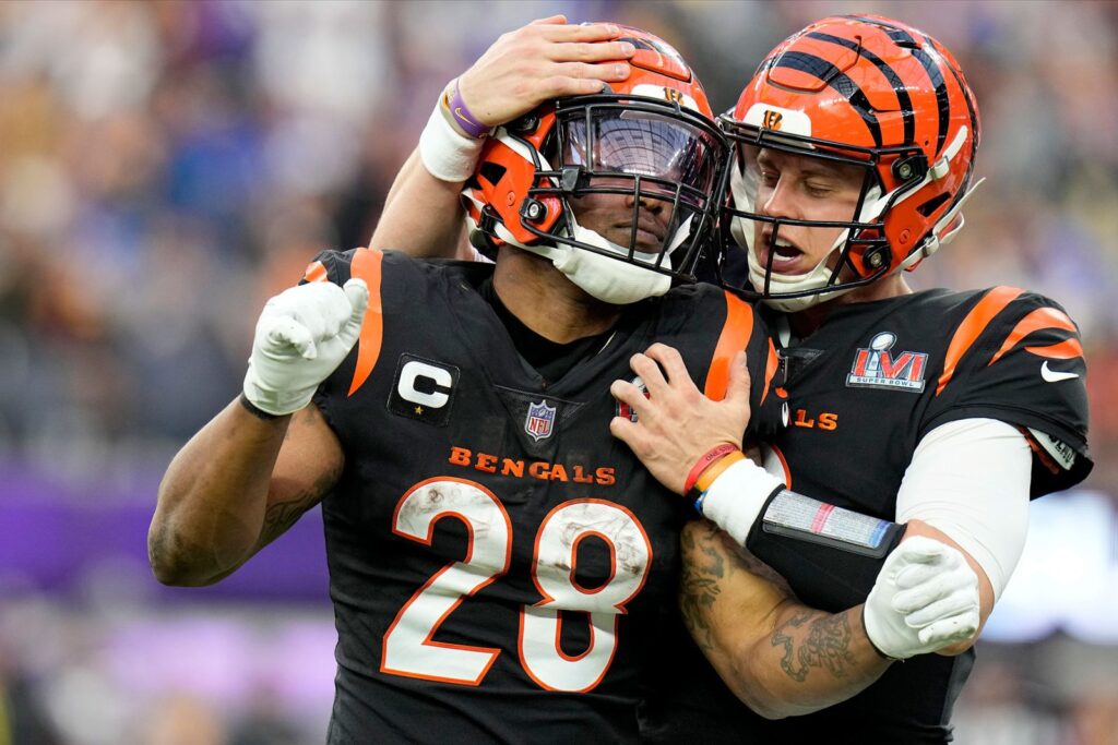 Burrow celebrating with Mixon after a touchdown pass to Higgins by Mixon. Chris O'Meara AP