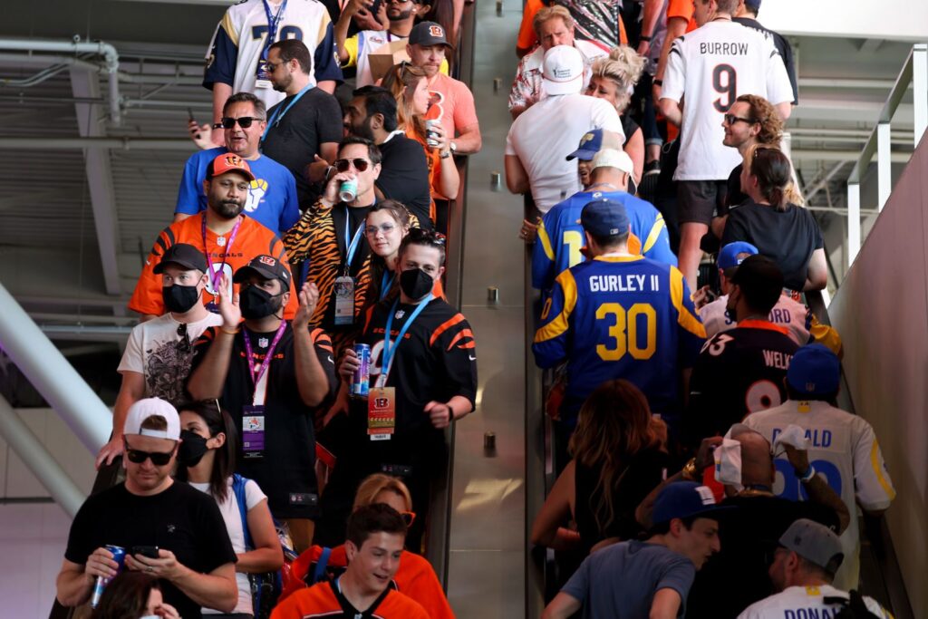 Fans on escalators in SoFi Stadium. Brian van der Brug Los Angeles Times Getty Imaages