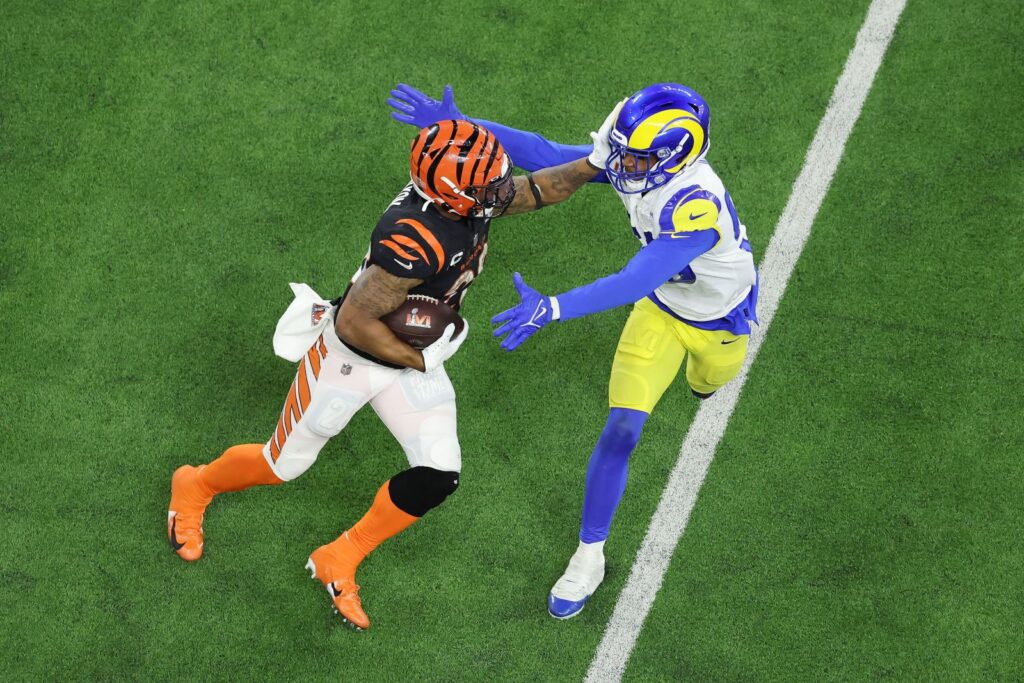 Joe Burrow, the Bengals quarterback is trying to catch the ball as Aaron Donald could be also seen. The rams took the possession. Andy Lyons Getty Images