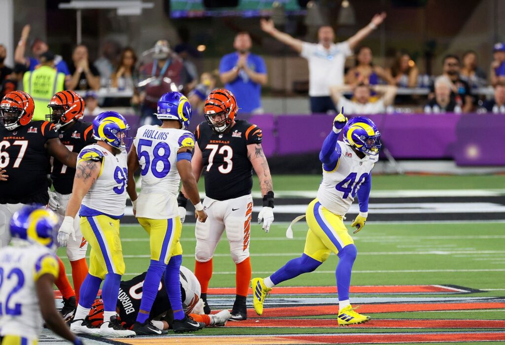 Miller who got traded to the Rams only earlier this season, can be seen reacting in second half. This was Miller's 2nd Super Bowl wins. Steph Chambers Getty Images